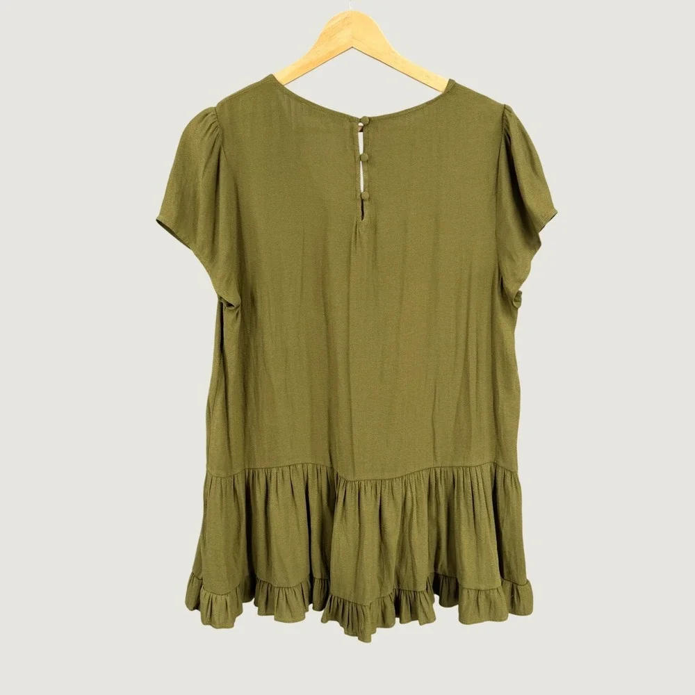 RO&DE Peplum Top Size Medium Olive Green Short Sleeve V-Neck Ruffle Hem
